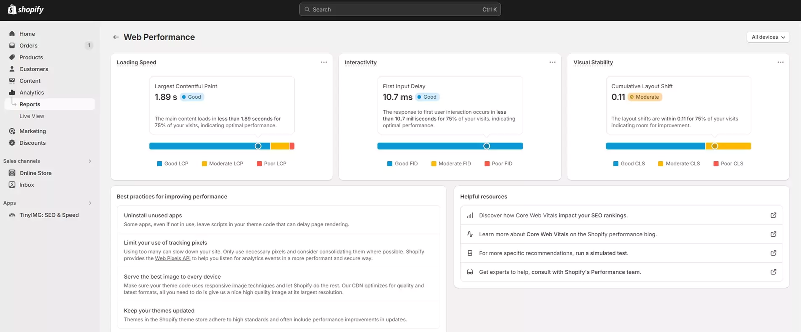 Shopify Web Performance Report Metrics
