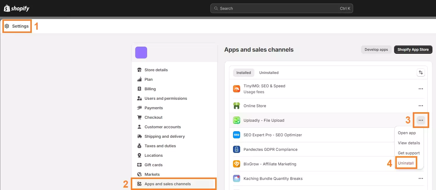 Disable Unused Apps on shopify Store website