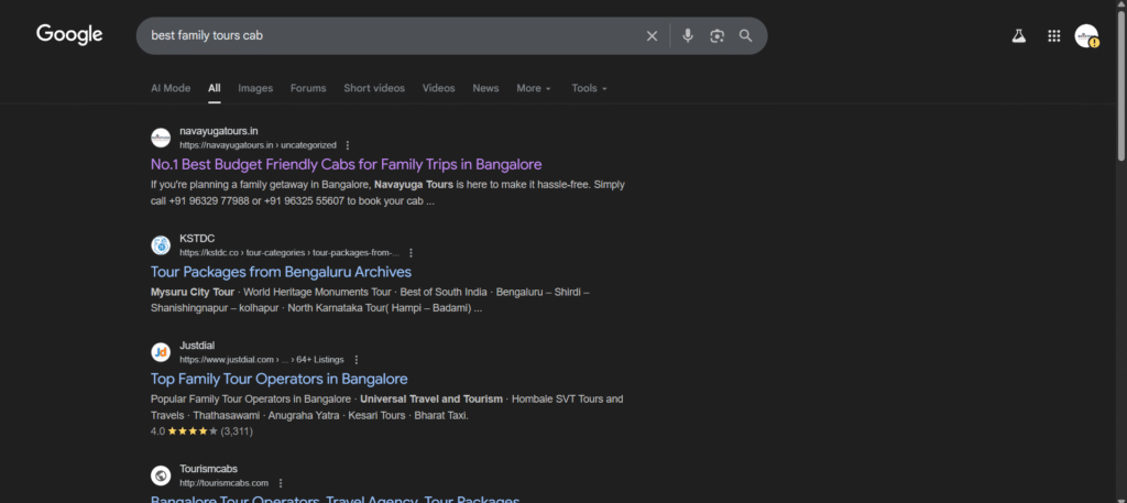 Navayuga Tours 1st Place On Google Search Results