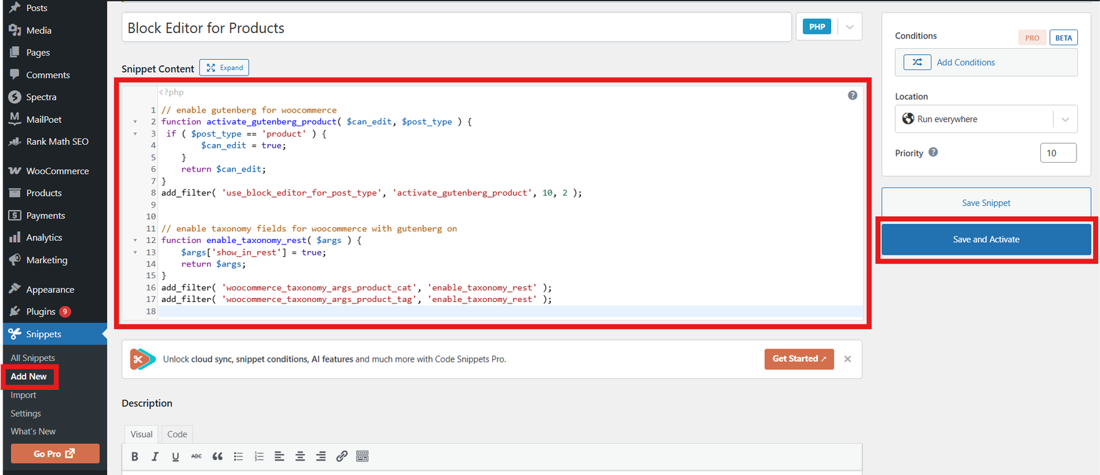 Adding New Code Snippet and Saving and Activating the Code Snippet